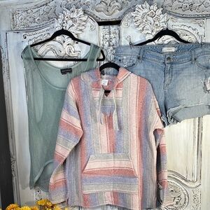 Curated  Striped Baja Hoodie and Denim Shorts and Sheer Tank Bundle